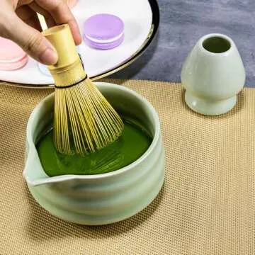 Marce Matcha Whisk Set- Matcha Set includes Matcha Whisk and Bowl (Bowl with Spout), Sifter, Holder and Scoop- The Perfect Bamboo Whisk for Matcha Tea (Pink) (Green- 5PC)