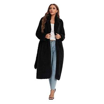 SUGAR POISON Womens Long Faux Fur Winter Coat With Pockets Tie Belt Front Comfort Warm Outerwear Ope...