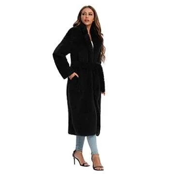 SUGAR POISON Womens Long Faux Fur Winter Coat With Pockets Tie Belt Front Comfort Warm Outerwear Open Front Long Cardigan Overcoat Jacket S Black