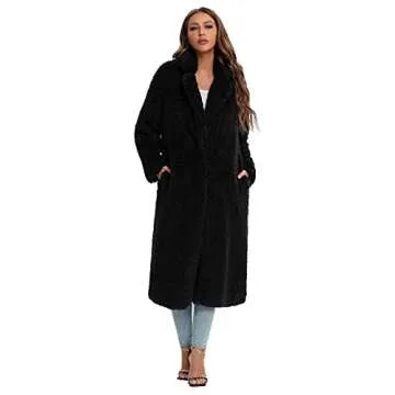 SUGAR POISON Womens Long Faux Fur Winter Coat With Pockets Tie Belt Front Comfort Warm Outerwear Open Front Long Cardigan Overcoat Jacket S Black