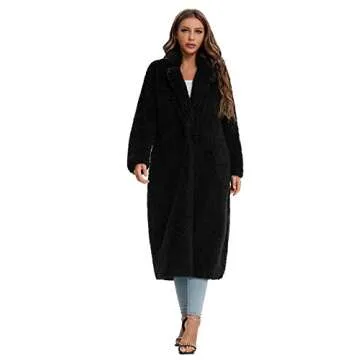SUGAR POISON Womens Long Faux Fur Winter Coat With Pockets Tie Belt Front Comfort Warm Outerwear Open Front Long Cardigan Overcoat Jacket S Black