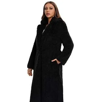 SUGAR POISON Womens Long Faux Fur Winter Coat With Pockets Tie Belt Front Comfort Warm Outerwear Open Front Long Cardigan Overcoat Jacket S Black