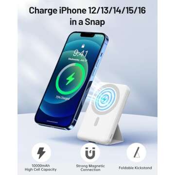 Yiisonger Magnetic Wireless Portable Charger, Foldable 10000mAh Battery Pack with USB-C Cable LED Display, Magnetic Power Bank 22.5W PD Fast Charging for iPhone 15/14/13/Pro/Mini/Pro Max (White)