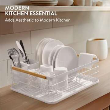 Navaris Dish Drainer Rack - Plate, Silverware, Pots and Pans - Dish Rack with Beechwood Handles - Me...