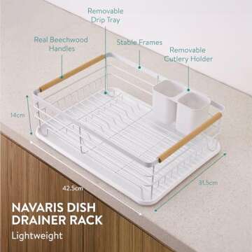 Navaris Dish Drainer Rack - Plate, Silverware, Pots and Pans - Dish Rack with Beechwood Handles - Metal Dish Drying Rack for Kitchen Counter - Modern Retro Design Dish Rack - White
