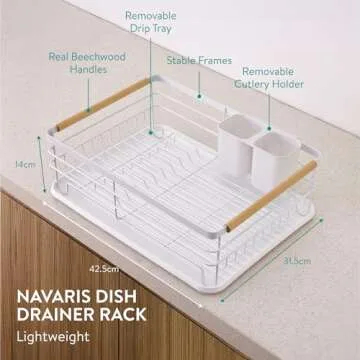 Navaris Dish Drainer Rack - Plate, Silverware, Pots and Pans - Dish Rack with Beechwood Handles - Metal Dish Drying Rack for Kitchen Counter - Modern Retro Design Dish Rack - White