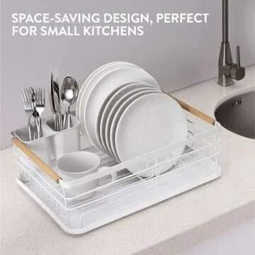 Navaris Dish Drainer Rack - Plate, Silverware, Pots and Pans - Dish Rack with Beechwood Handles - Metal Dish Drying Rack for Kitchen Counter - Modern Retro Design Dish Rack - White