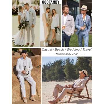 COOFANDY Men's 2 Piece Cotton Linen Suit Slim Fit Casual Wedding Groomsmen Tuxedo Prom Party Jacket Pants Set Light Khaki