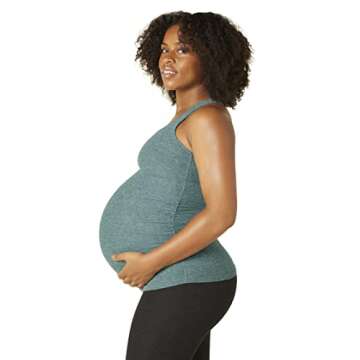 Beyond Yoga Spacedye Racerback Cami Maternity Tank Top for Women – Scoop-neck – Build-in Bra – Side Ruching Rainforest Blue Heather SM One Size