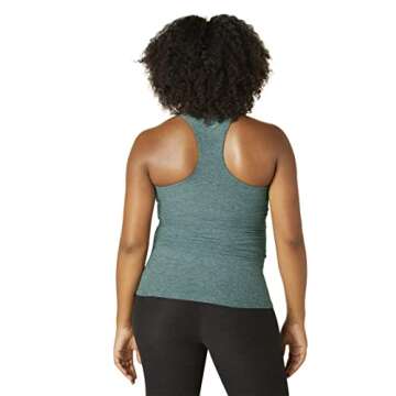 Beyond Yoga Spacedye Racerback Cami Maternity Tank Top for Women – Scoop-neck – Build-in Bra – Side Ruching Rainforest Blue Heather SM One Size