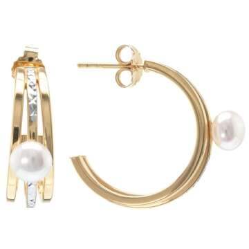 Gemistry Judy Crowell Jewelry Gold Over Sterling Silver and Rhodium Diamond Cut Triple Hoop Earrings with Freshwater Pearl