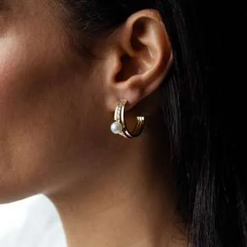 Gemistry Judy Crowell Jewelry Gold Over Sterling Silver and Rhodium Diamond Cut Triple Hoop Earrings with Freshwater Pearl