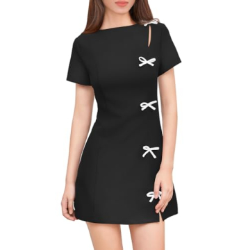 XXTAXN Women's Summer Boat Neck Short Sleeve Elegant Y2k A Line Mini Dress Black