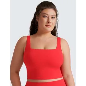 CRZ YOGA Butterluxe Womens Square Neck Longline Sports Bra - Workout Crop Tank Tops Padded Yoga Camisole with Built in Pads Deep Red Medium