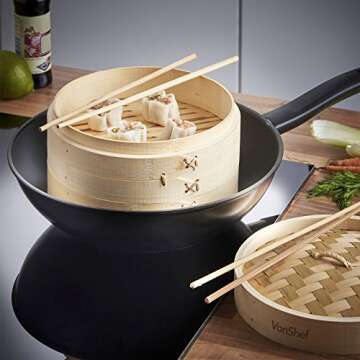 VonShef 10 Inch Bamboo Steamer Set with 2 x Free Chopsticks