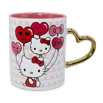 Sanrio Hello Kitty Love Heart-Shaped Handle Ceramic Mug | Large Coffee Cup For Espresso, Caffeine, B...