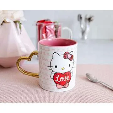 Sanrio Hello Kitty Love Heart-Shaped Handle Ceramic Mug | Large Coffee Cup For Espresso, Caffeine, Beverages, Home & Kitchen Essentials | Cute Valentine's Day Gifts and Collectibles | Holds 14 Ounces