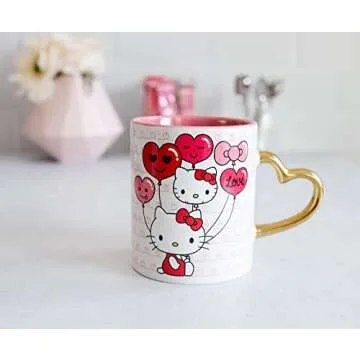 Sanrio Hello Kitty Love Heart-Shaped Handle Ceramic Mug | Large Coffee Cup For Espresso, Caffeine, Beverages, Home & Kitchen Essentials | Cute Valentine's Day Gifts and Collectibles | Holds 14 Ounces