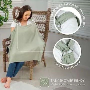 Muslin Nursing Cover for Baby Breastfeeding, Soft & Breathable Cotton Breastfeeding Cover for Mom with Rigid Hoop for Mother Nursing Apron by Comfy Cubs (Sage)