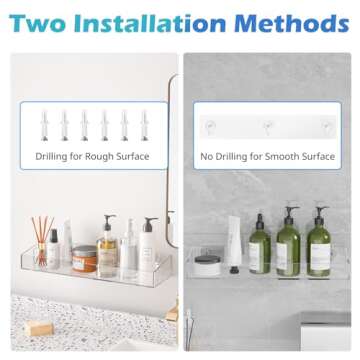 Durmmur 2Pack Acrylic Shower Shelves, Adhesive Bathroom Shower Caddy Organizer, No Drilling/Drilling Wall Floating Shelves for Bathroom Storage Kitchen Home Décor, No Hook
