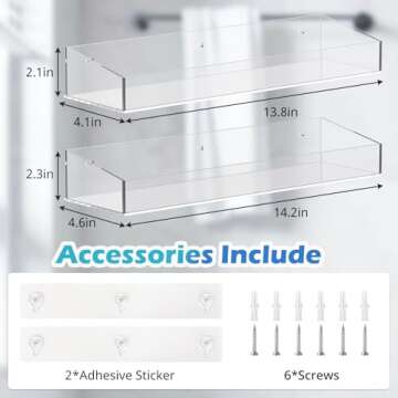 Durmmur 2Pack Acrylic Shower Shelves, Adhesive Bathroom Shower Caddy Organizer, No Drilling/Drilling Wall Floating Shelves for Bathroom Storage Kitchen Home Décor, No Hook