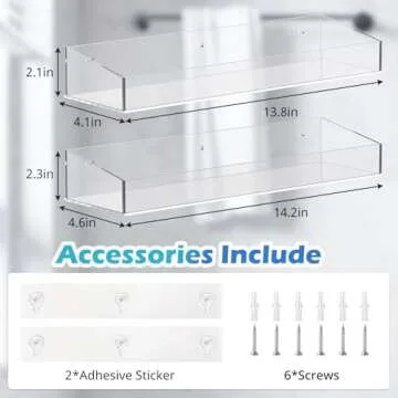 Durmmur 2Pack Acrylic Shower Shelves, Adhesive Bathroom Shower Caddy Organizer, No Drilling/Drilling Wall Floating Shelves for Bathroom Storage Kitchen Home Décor, No Hook