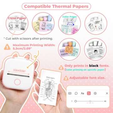 Memoking Mini Thermal Printer - T02 Mini Printer Sticker Maker Thermarote Mini Printer Bluetooth Wireless Phone Printer Small Portable Instant Pocket Printer for Anatomy Study, Photo, Children, Pink
