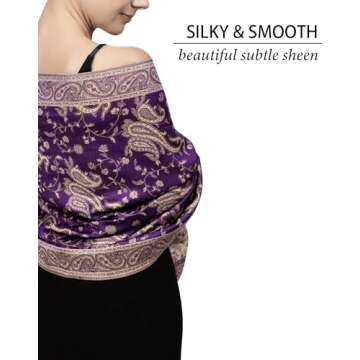 Achillea Soft Silky Reversible Paisley Pashmina Shawl Wrap Scarf w/Fringes (Purple)