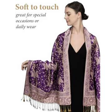 Achillea Soft Silky Reversible Paisley Pashmina Shawl Wrap Scarf w/Fringes (Purple)