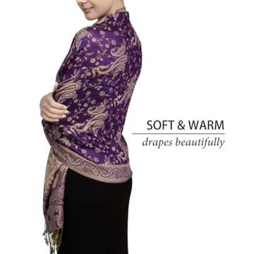 Achillea Soft Silky Reversible Paisley Pashmina Shawl Wrap Scarf w/Fringes (Purple)