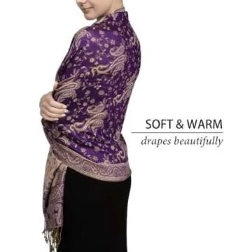 Achillea Soft Silky Reversible Paisley Pashmina Shawl Wrap Scarf w/Fringes (Purple)