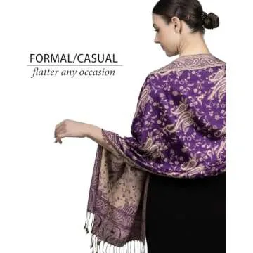 Achillea Soft Silky Reversible Paisley Pashmina Shawl Wrap Scarf w/Fringes (Purple)