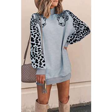 Angashion Women's Sweatshirts - Casual Leopard Print Turtleneck Long Sleeve Loose Pullover Tunic Sweatshirt Dress Grey S