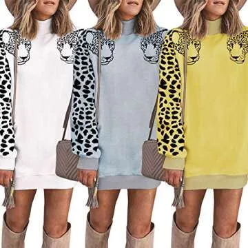 Angashion Women's Sweatshirts - Casual Leopard Print Turtleneck Long Sleeve Loose Pullover Tunic Sweatshirt Dress Grey S