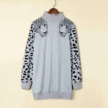 Angashion Women's Sweatshirts - Casual Leopard Print Turtleneck Long Sleeve Loose Pullover Tunic Sweatshirt Dress Grey S
