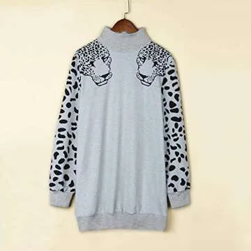 Angashion Women's Sweatshirts - Casual Leopard Print Turtleneck Long Sleeve Loose Pullover Tunic Sweatshirt Dress Grey S