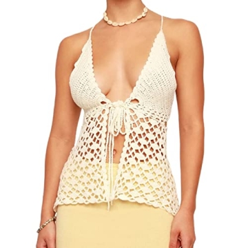 Y2K Crochet Halter Neck Crop Cami Top - Trendy Summer Fashion