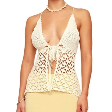 Y2K Crochet Halter Neck Crop Cami Top - Trendy Summer Fashion