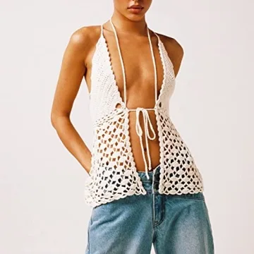 Y2K Crochet Halter Neck Crop Cami Top Summer Fashion