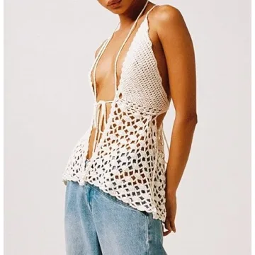 Y2K Crochet Halter Neck Crop Cami Top Summer Fashion