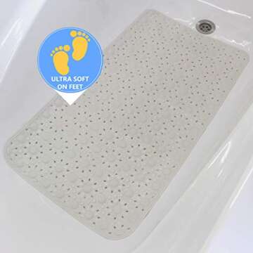 SAFELAND- Non-Slip Bath, Shower, Tub Mat, TPR Material, Eco-Friendly, Non-PVC, Machine Washable, No Odor, with Powerful Suction Cups and Drain Holes, Floral (16"x30" White)
