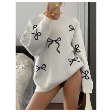 BEAUDRM Women's Bow Print Sweater Long Sleeve Crew Neck Knit Oversized Pullovers Sweaters White Large