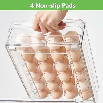 vacane 24 Capacity Egg Holder for Refrigerator Organizer Bins, Clear Egg Storage Container For Fridge Egg Drawer Egg Tray with Non-Slip Pads, Bpa Free Egg Organizer