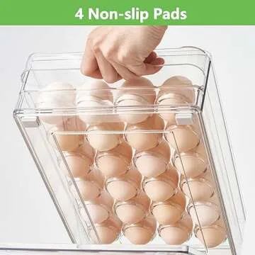 vacane 24 Capacity Egg Holder for Refrigerator Organizer Bins, Clear Egg Storage Container For Fridge Egg Drawer Egg Tray with Non-Slip Pads, Bpa Free Egg Organizer