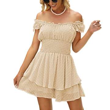 AOHITE Womens Summer Tube Top Dress Off-Shoulder Ruffled Flowy Mini Short Dresses Apricot Medium