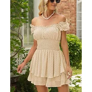 AOHITE Womens Summer Tube Top Dress Off-Shoulder Ruffled Flowy Mini Short Dresses Apricot Medium