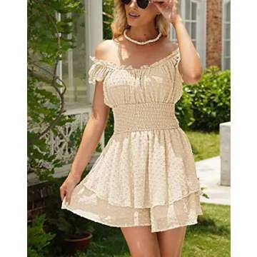 AOHITE Womens Summer Tube Top Dress Off-Shoulder Ruffled Flowy Mini Short Dresses Apricot Medium