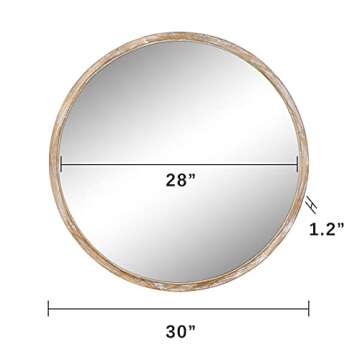 EMAISON 30 inch Round Wall Mirror for Bathroom, Large Circle Vanity Mirror for Wall Decor, Wooden Frame for Entryway Bedroom Living Room, Natural Rustic
