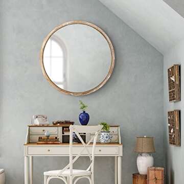 EMAISON 30 inch Round Wall Mirror for Bathroom, Large Circle Vanity Mirror for Wall Decor, Wooden Frame for Entryway Bedroom Living Room, Natural Rustic