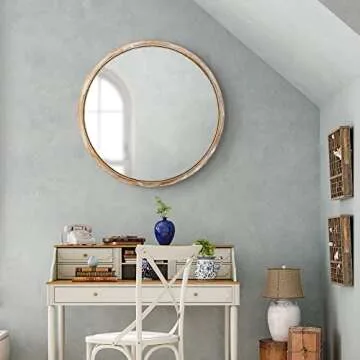 EMAISON 30 inch Round Wall Mirror for Bathroom, Large Circle Vanity Mirror for Wall Decor, Wooden Frame for Entryway Bedroom Living Room, Natural Rustic